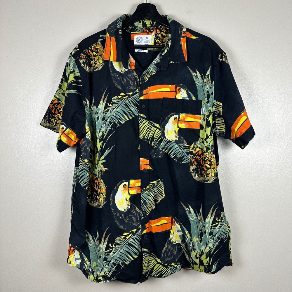 Hurley Men's XL Button-Up Shirt Black Tropical Toucan Pineapple Vacation Travel